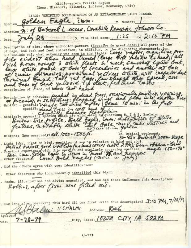 Rare bird documentation form for a Golden Eagle at Babcock Access at Coralville Lake in Johnson County, IA on July 28, 1979.