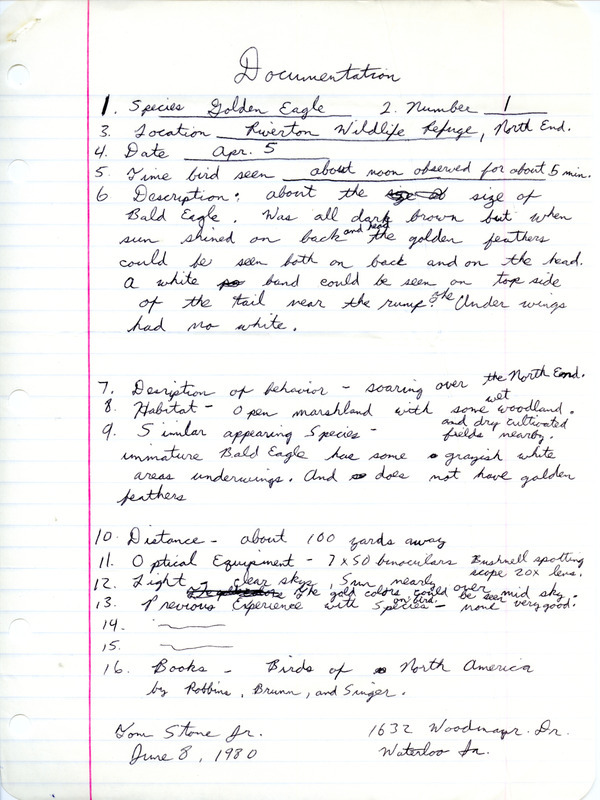 Rare bird documentation form for a Golden Eagle at Riverton Wildlife Refuge in Fremont County, IA on April 5, 1980.