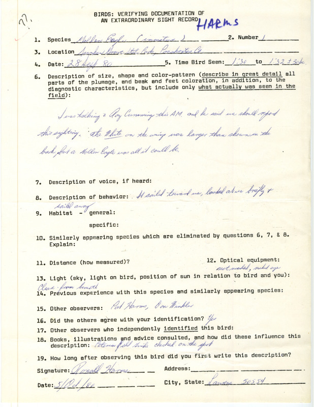 Rare bird documentation form for a Golden Eagle at Sunken Grove State Park in Pocahontas County, IA on September 28, 1980.