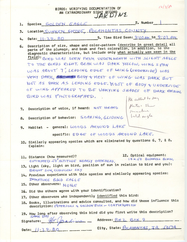 Rare bird documentation form for a Golden Eagle at Sunken Grove State Park in Pocahontas County, IA on November 29, 1980.