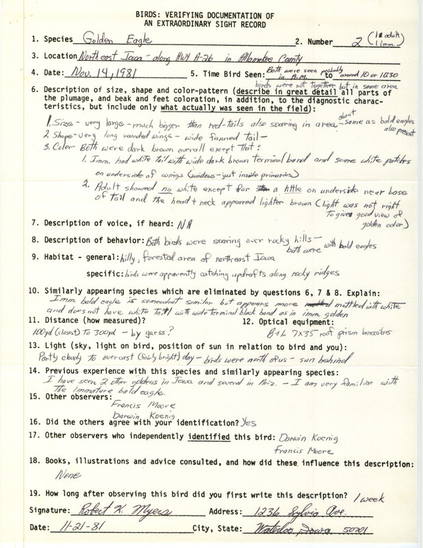 Rare bird documentation form for two Golden Eagles along Highway A-26 in Allamakee County, IA on November 14, 1981.