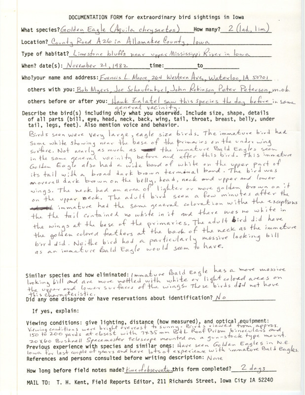 Rare bird documentation form for two Golden Eagles on County Road A26 in Allamakee County, IA on November 21, 1982.