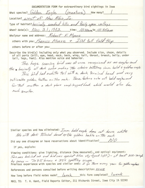 Rare bird documentation form for a Golden Eagle west of New Albin in Allamakee County, IA on November 21, 1982.