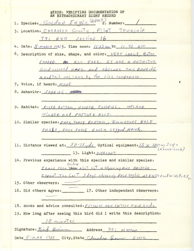 Rare bird documentation form for a Golden Eagle at Pilot Township in Cherokee County, IA on March 5, 1983.