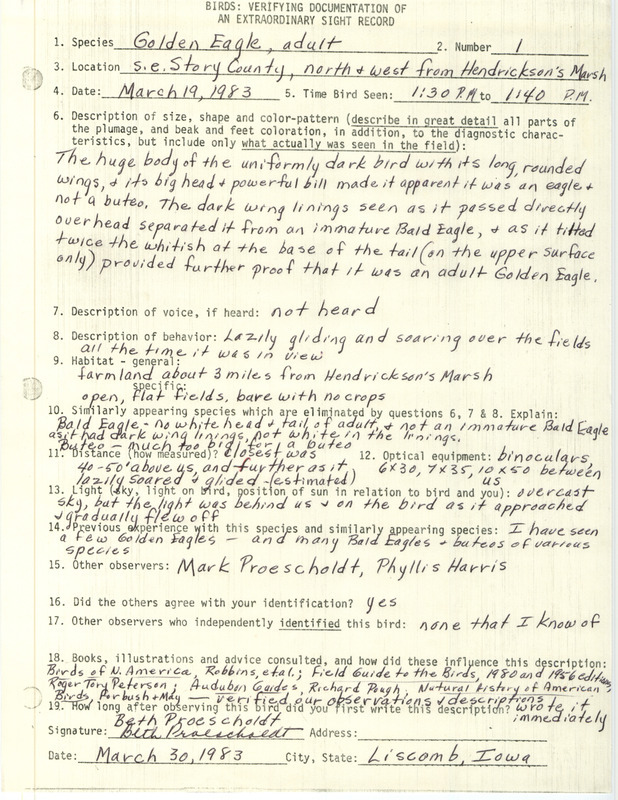 Rare bird documentation form for a Golden Eagle north and west of Hendrickson's March in Story County, IA on March 19, 1983.