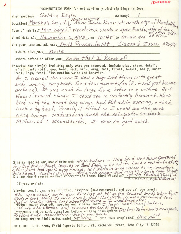 Rare bird documentation form for a Golden Eagle at Marshalltown in Marshall County, IA on December 2, 1983.