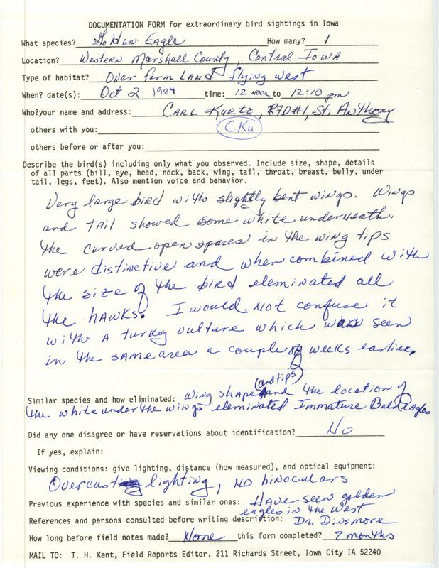 Rare bird documentation form for a Golden Eagle in western Marshall County, IA on October 2, 1984.