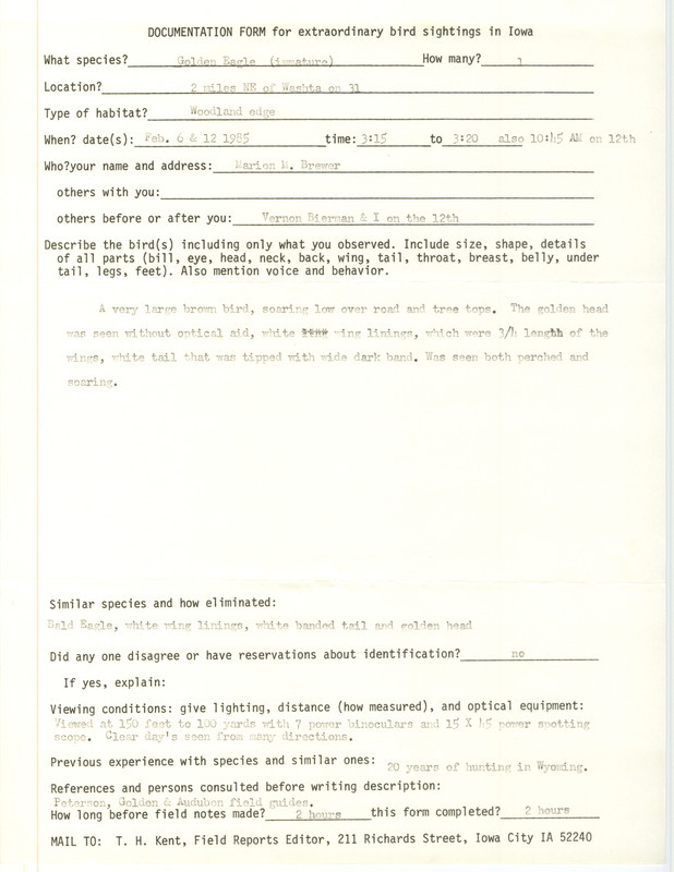 Rare bird documentation form for a Golden Eagle northeast of Washta in Cherokee County, IA on February 6 and 12, 1985.