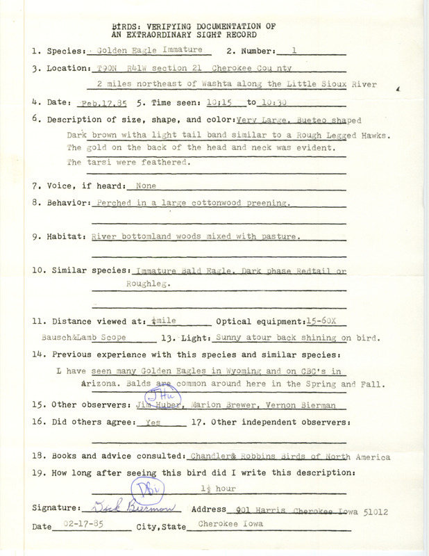 Rare bird documentation form for a Golden Eagle near Washta on the Little Sioux River in Cherokee County, IA on February 17, 1985.