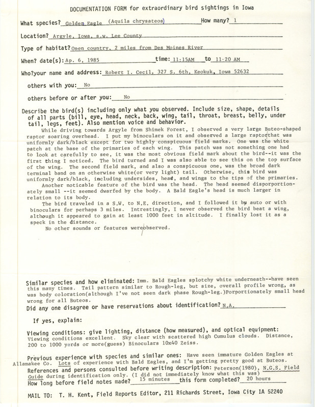 Rare bird documentation form for a Golden Eagle at Argyle in Lee County, IA on April 6, 1985.