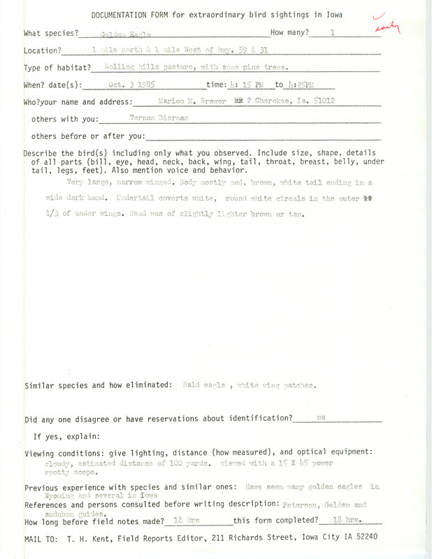 Rare bird documentation form for a Golden Eagle near Silver Creek, 1 mile north & 1 mile West of the intersection of highways 59 and 31 in Cherokee County, IA on October 3, 1985.