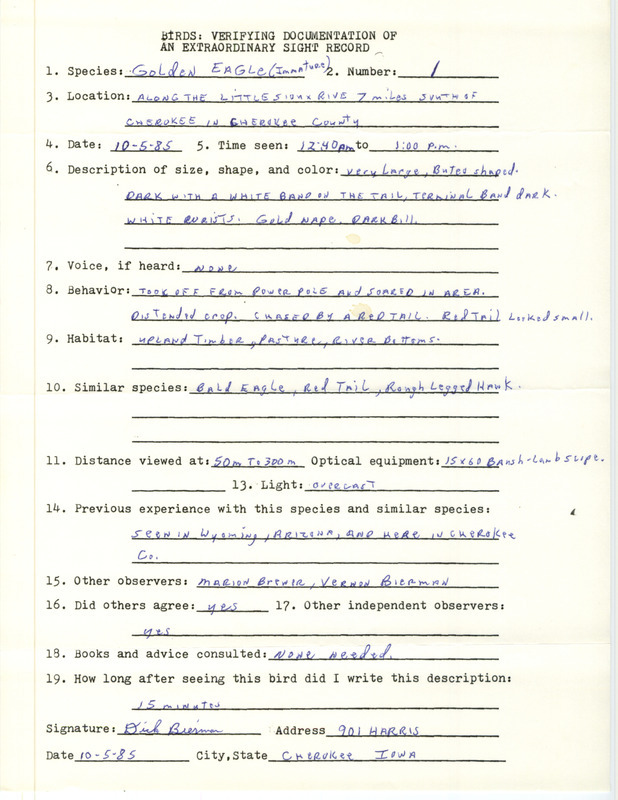 Rare bird documentation form for a Golden Eagle on the Little Sioux River south of Cherokee in Cherokee County, IA on October 5, 1985.