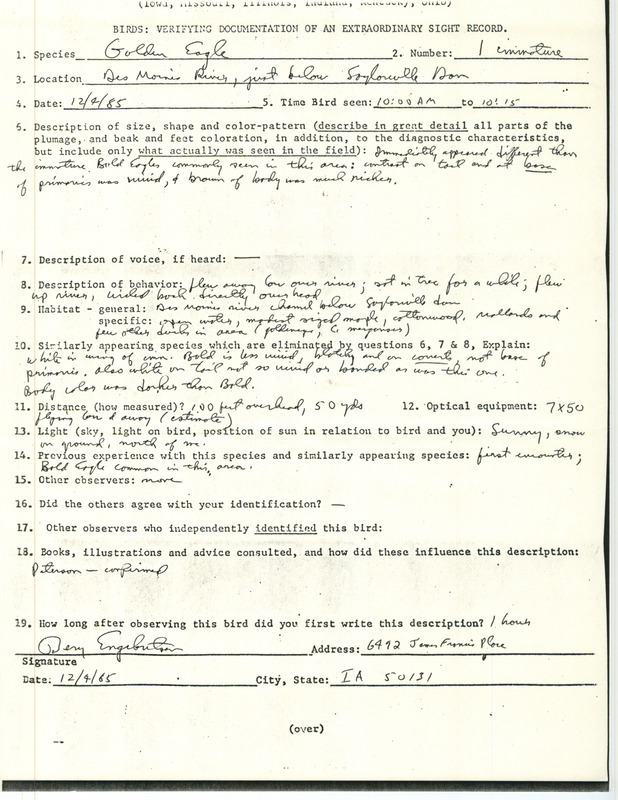 Rare bird documentation form for a Golden Eagle over the Des Moines River near Saylorville Dam in Polk County, IA on December 4, 1985.