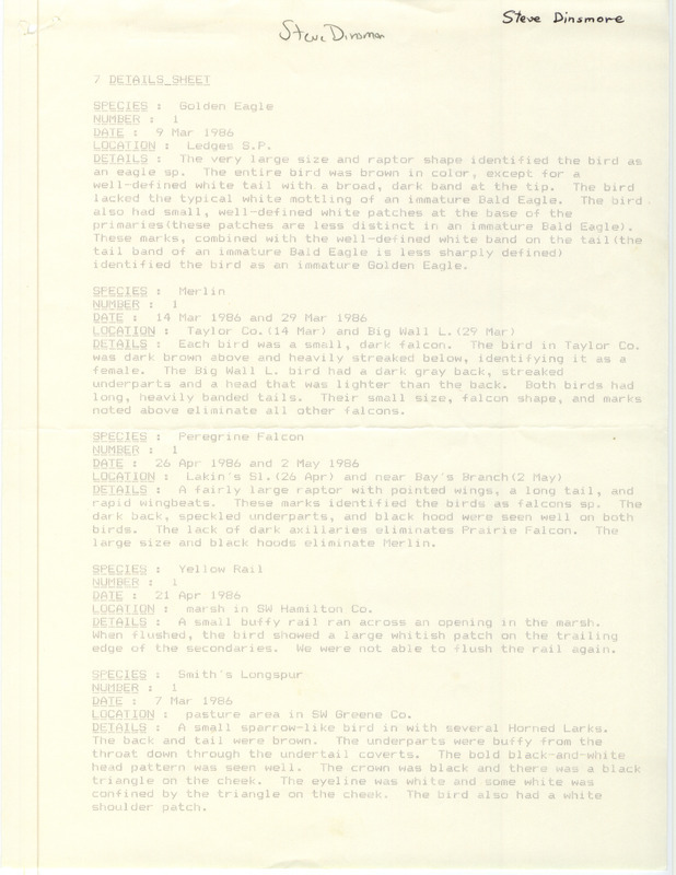 Field notes written by Steve Dinsmore detailing sightings of a Golden Eagle, Merlin, Peregrine Falcon, Yellow Rail, and Smith's Longspur.