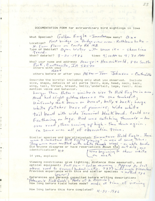 Rare bird documentation form for a Golden Eagle at Rathbun Lake in Appanoose County, IA on March 20, 1986.