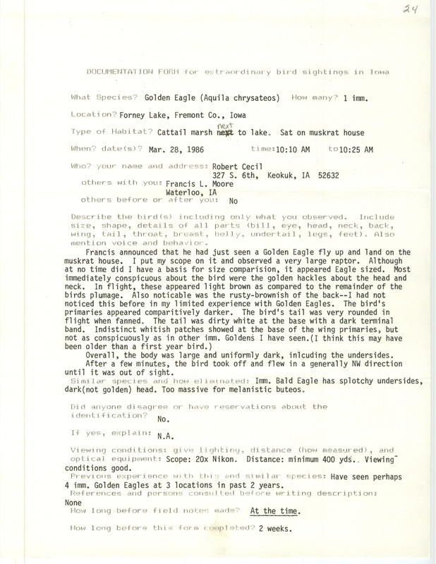 Rare bird documentation form for a Golden Eagle at Forney Lake in Fremont County, IA on March 28, 1986.