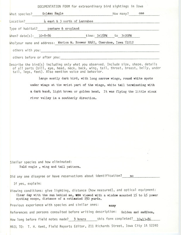 Rare bird documentation form for a Golden Eagle near Larrabee in Cherokee County, IA on October 8, 1986.