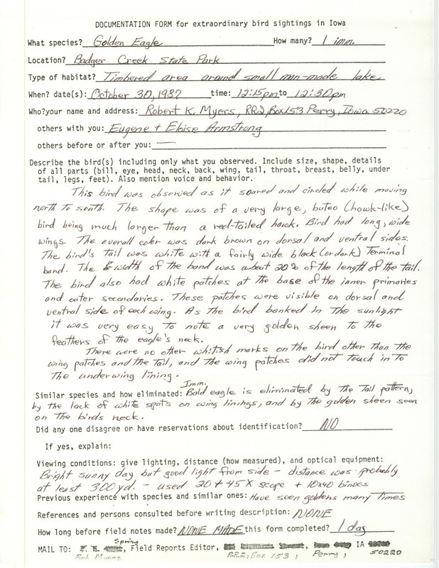 Rare bird documentation form for a Golden Eagle at Badger Creek State Park in Madison County, IA on October 30, 1987.