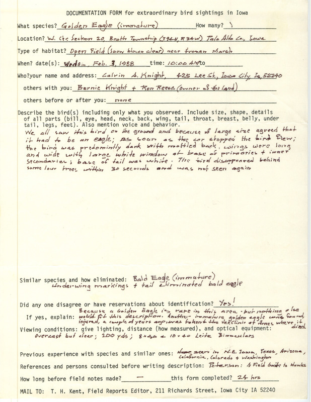 Rare bird documentation form for a Golden Eagle at Booth Township in Palo Alto County, IA on February 3, 1988.