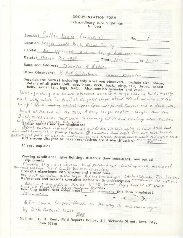 Rare bird documentation form for a Golden Eagle at Ledges State Park in Boone County, IA on March 25, 1988.