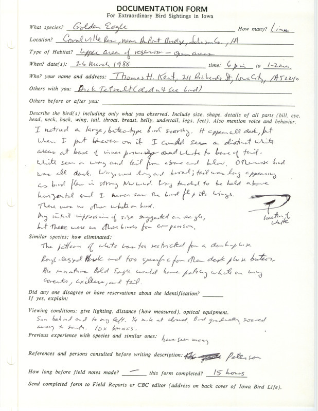 Rare bird documentation form for a Golden Eagle at Coralville Reservoir in Johnson County, IA on March 26, 1988.