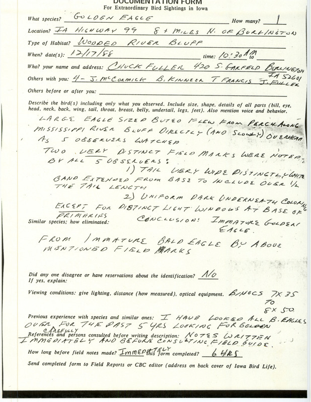 Rare bird documentation form for a Golden Eagle north of Burlington in Des Moines County, IA on December 17, 1988.