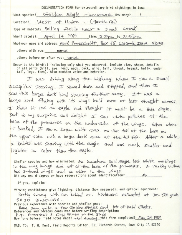 Rare bird documentation form for a Golden Eagle west of Union in Hardin County, IA on April 14, 1989.