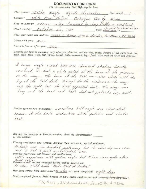 Rare bird documentation form for a Golden Eagle at White Pine Hollow in Dubuque County, IA on October 25, 1989.