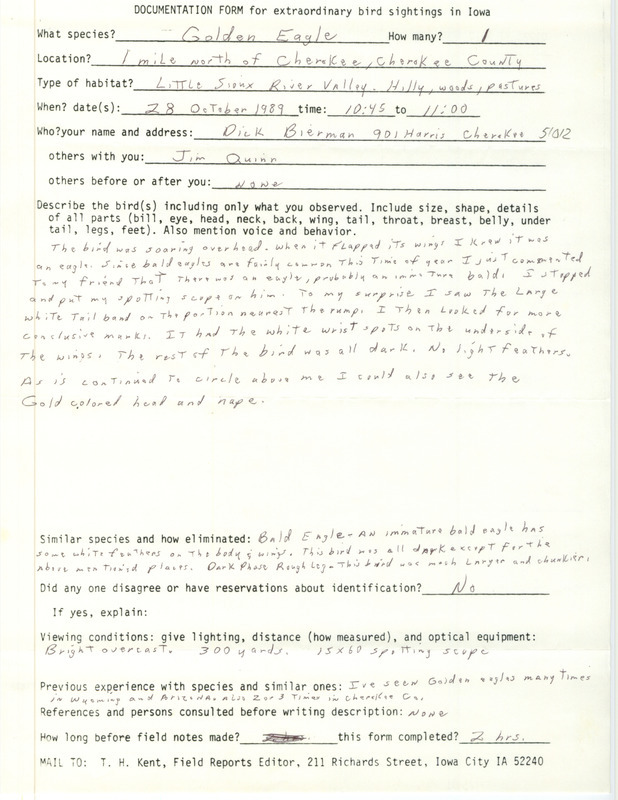 Rare bird documentation form for a Golden Eagle one mile north of Cherokee in Cherokee County, IA on October 28, 1989.