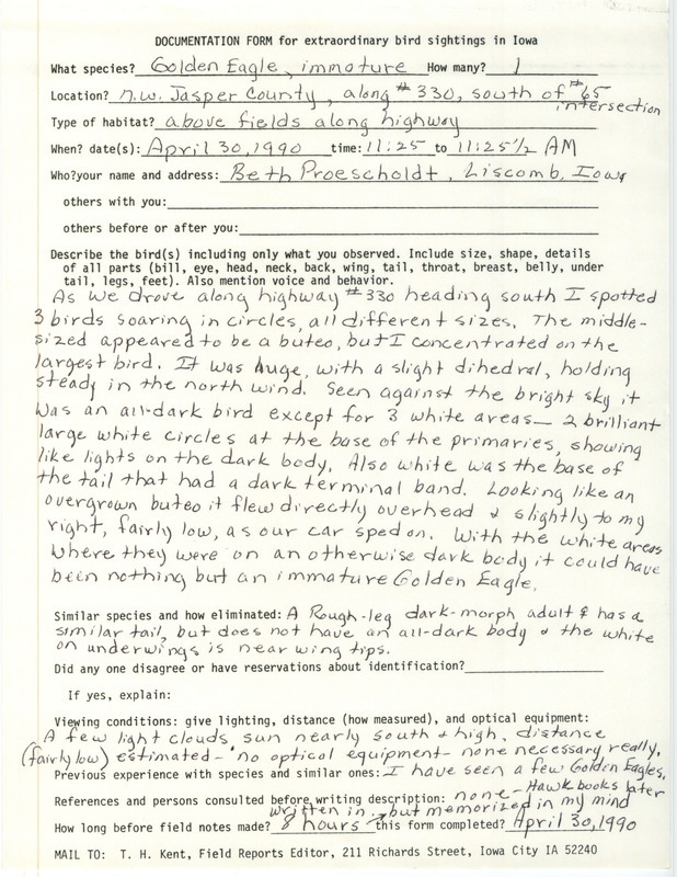 Rare bird documentation form for a Golden Eagle near Clyde and the intersection of Iowa 330 with U.S. 65 in Jasper County, IA on April 30, 1990.