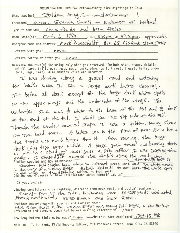 Rare bird documentation form for a Golden Eagle southwest of Holland in Grundy County, IA on October 6, 1990.