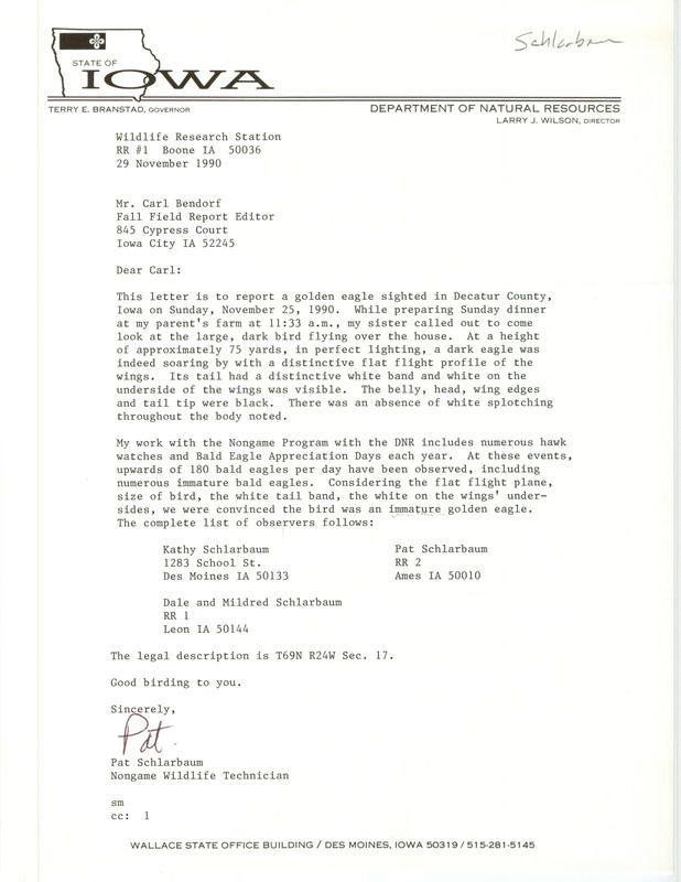 Rare bird documentation form for a Golden Eagle in Decatur County, IA on November 25, 1990.