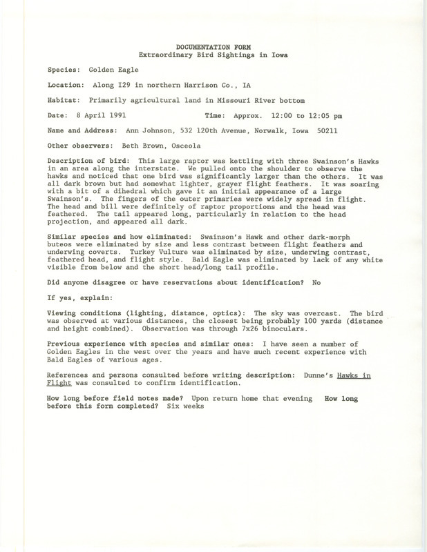 Rare bird documentation form for a Golden Eagle in northern Harrison County, IA on April 8, 1991.