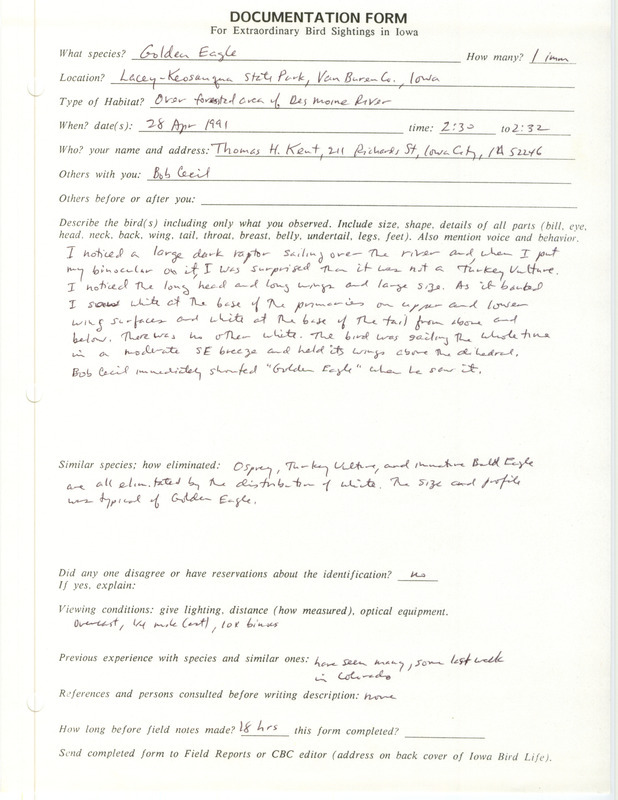 Rare bird documentation form for a Golden Eagle at Lacey-Keosauqua State Park in Van Buren County, IA on April 28, 1991.