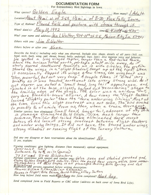 Rare bird documentation form for a Golden Eagle at Rock Falls in Cerro Gordo County, IA on May 10, 1992.