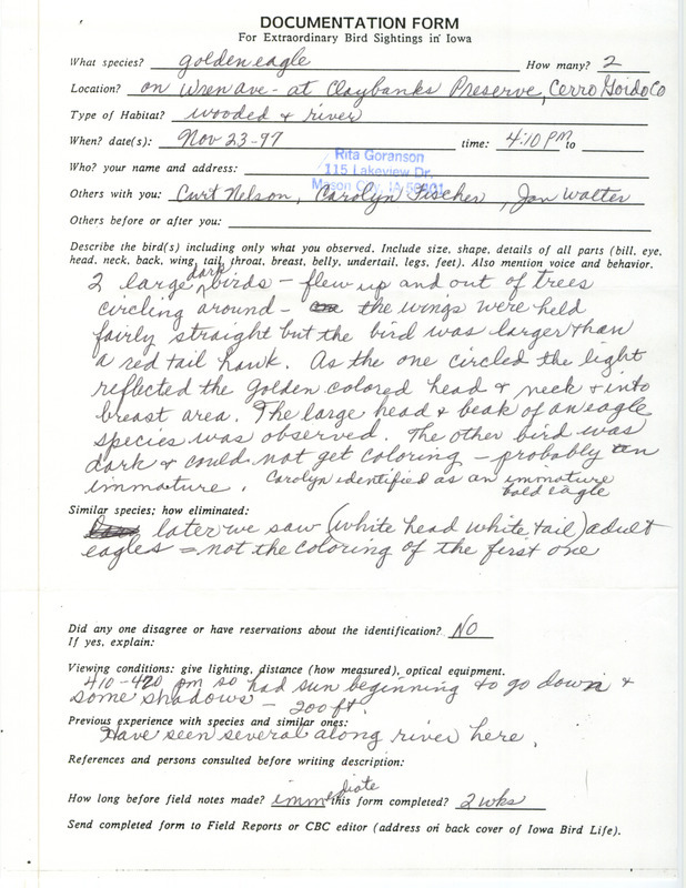 Rare bird documentation form for two Golden Eagles at Claybanks Preserve in Cerro Gordo County, IA on November 23, 1997.