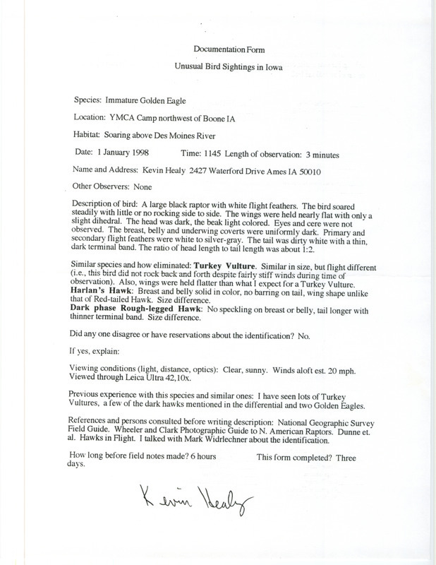 Rare bird documentation form for a Golden Eagle at YMCA Camp northwest of Boone in Boone County, IA on January 1, 1998.