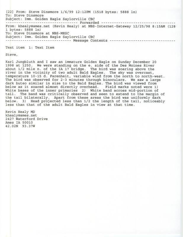 Rare bird documentation form for a Golden Eagle at IA 17 bridge over the Des Moines River in Polk County, IA on December 20, 1998.