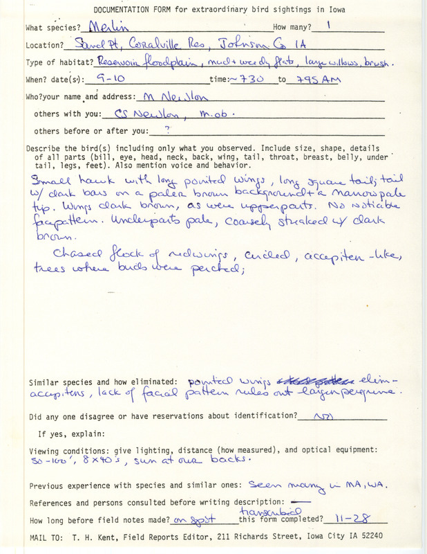 Rare bird documentation form for a Merlin at Sand Point in Coralville Reservoir in Johnson County, IA on September 10, unknown year.