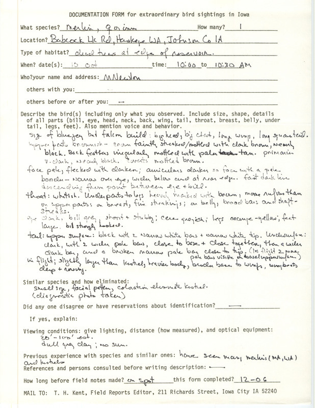 Rare bird documentation form for a Merlin at Babcock Lake Road in Hawkeye Wildlife Area in Johnson County, IA on October 10, unknown year.