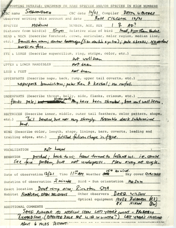 Rare bird documentation form for a Merlin at Riverton Game Management Area in Fremont County, IA on December 21, 1985.