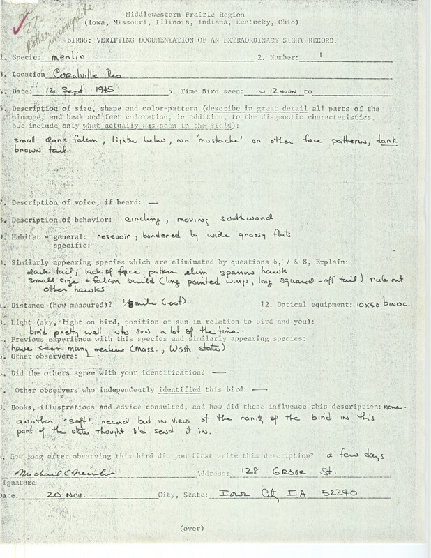 Rare bird documentation form for a Merlin at Coralville Reservoir in Johnson County, IA on September 12, 1975.