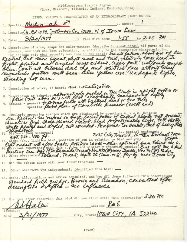 Rare bird documentation form for a Merlin at County Road W48 in Johnson County, IA on March 20, 1977.