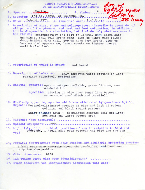 Rare bird documentation for a Merlin at Calamus in Clinton County, IA on February 6, 1978.