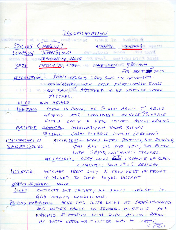 Rare bird documentation form for a Merlin at Riverside Township in Fremont County, IA on March 19, 1978.