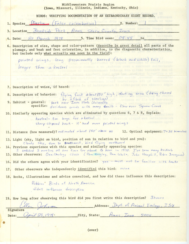 Rare bird documentation form for a Merlin at Brookside Park in Ames in Story County, IA on March 20, 1978.