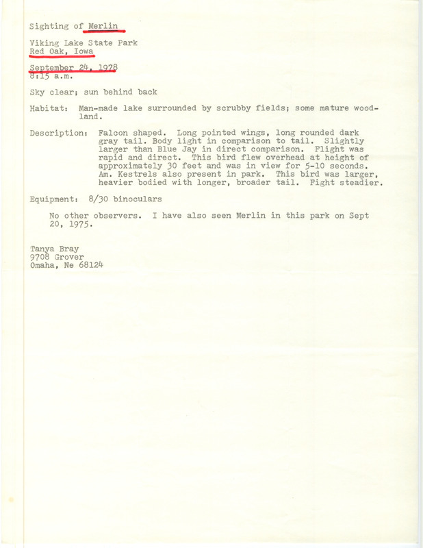 Rare bird documentation form for a Merlin at Viking Lake State Park in Red Oak in Montgomery County, IA on September 24, 1978.