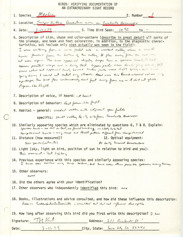 Rare bird documentation form for a Merlin at Sugar Bottom Recreation Area at Coralville Reservoir in Johnson County, IA on March 11, 1979.