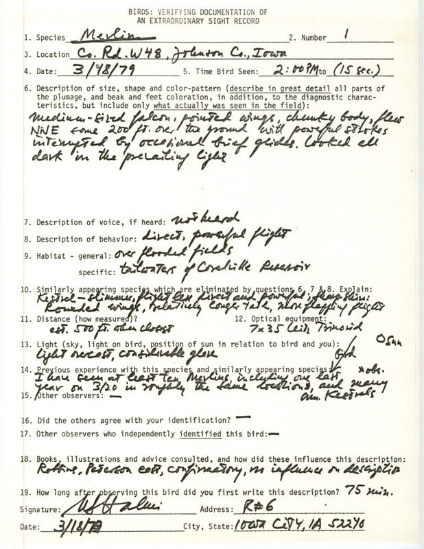 Rare bird documentation form for a Merlin at Co. Rd. W48 in Johnson County, IA on March 18, 1979.