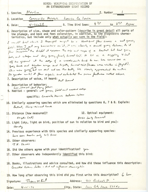 Rare bird documentation form for a Merlin at Cone Marsh Wildlife Area in Louisa County, IA on April 21, 1979.